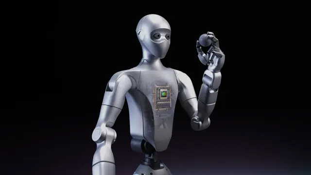 NVIDIA Isaac GR00T reference humanoid robot in a laboratory setting.